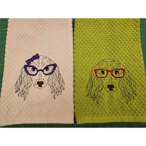 Girl Boy Dachshunds Dogs With Glasses Kitchen Bar Hand Towel Set of 2